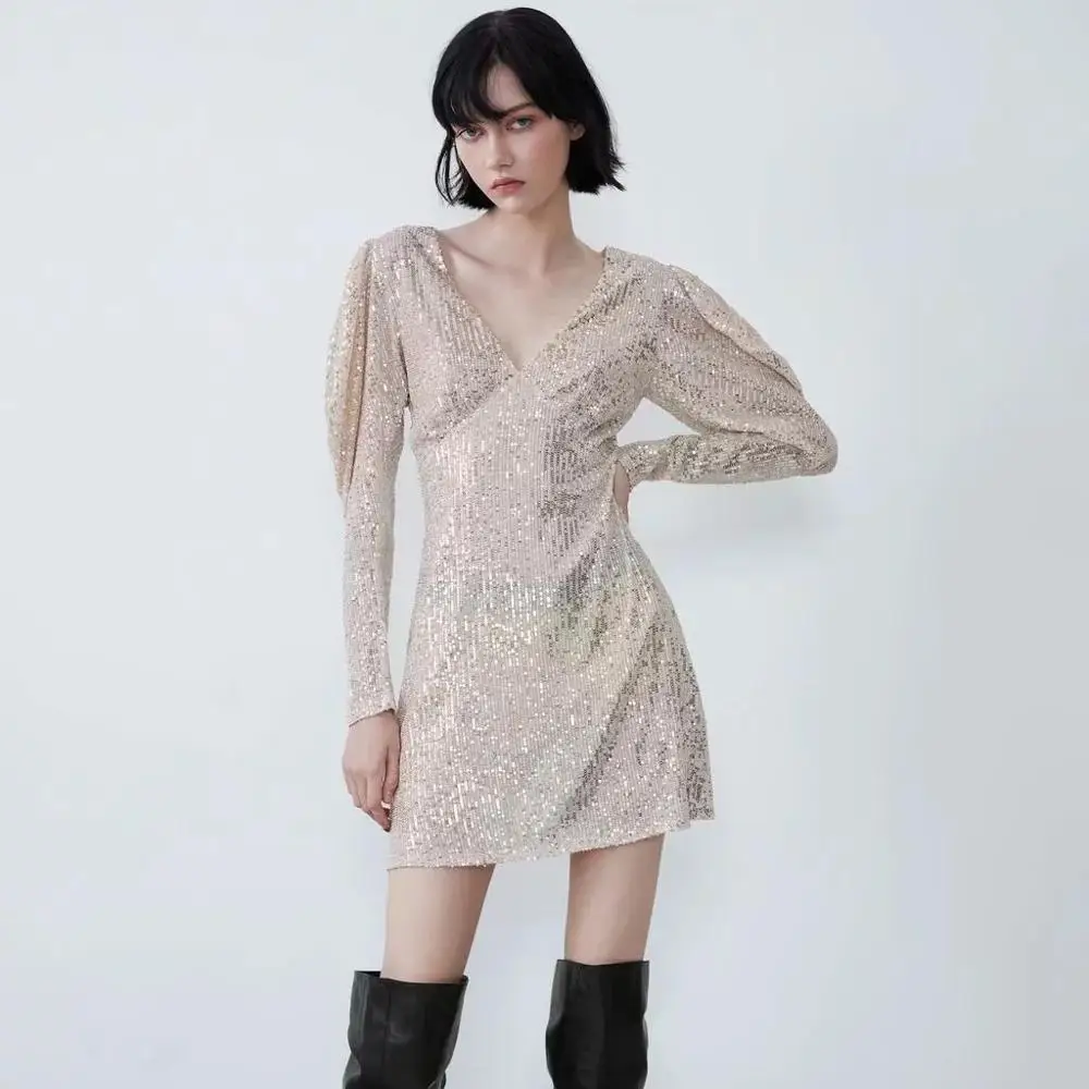 Женское короткое платье с блестками ZA серебристое блестящее вечернее мини