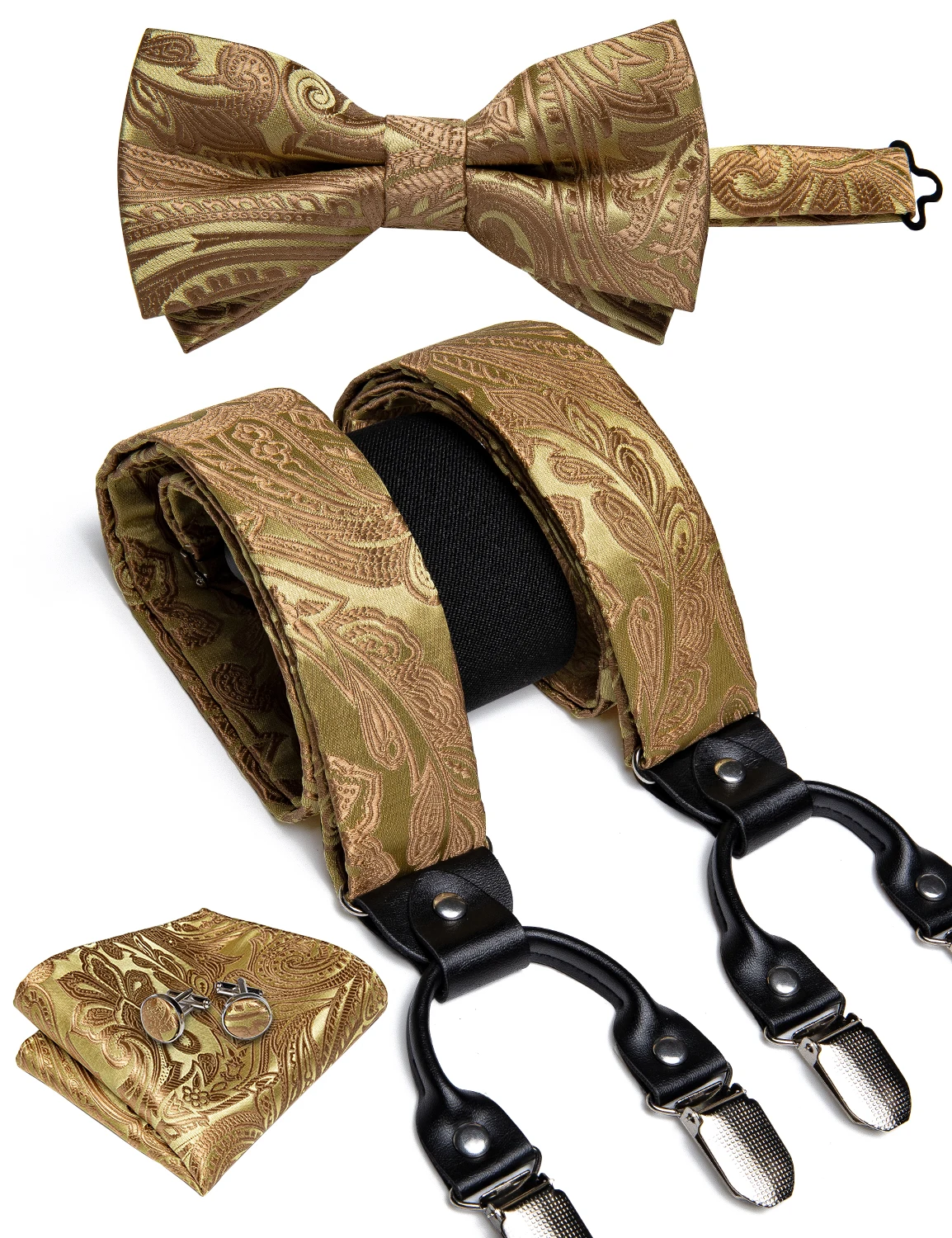 

Elegant Gold Paisley Silk Suspenders Men Real Leather Metal 6 Clips Braces Elastic Suspenders Trouser Straps Men's Gift DiBanGu
