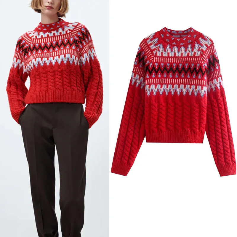 

Za Winter Print Woman's Sweater Fashion Long Sleeve O-Neck Loose Pullover Vintage Thick Warm Jacquard Knitting Sweater Female