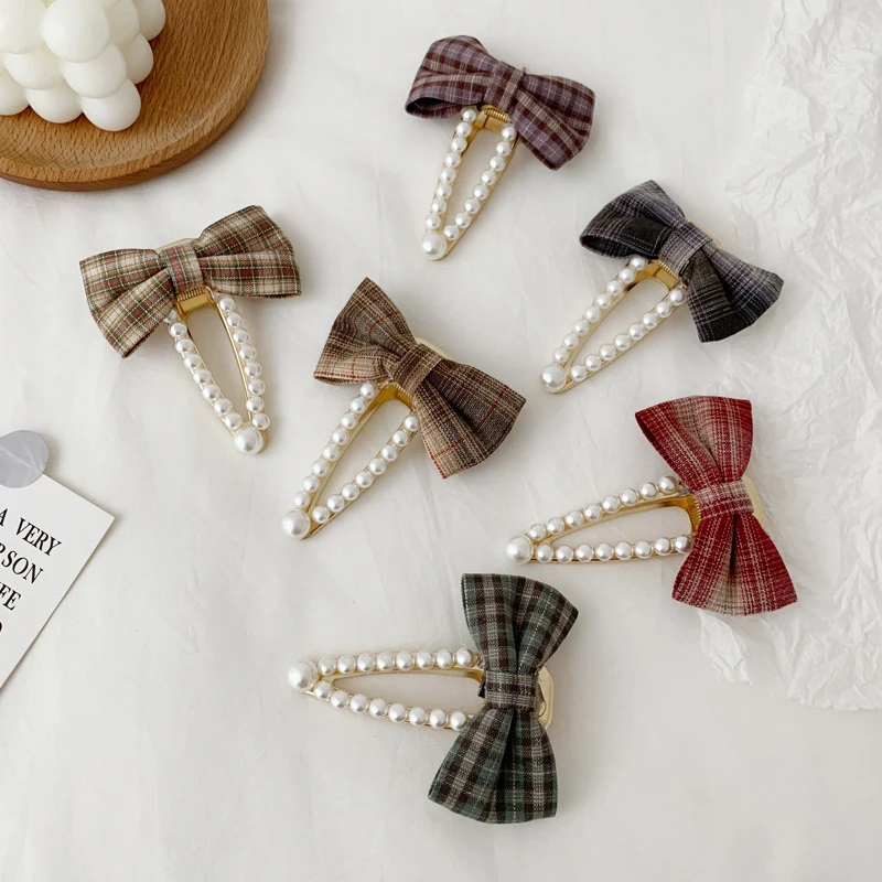

Net Red Japanese Style JK Style Plaid Girlish Fresh Side Clip Hairpin Side Clip Hairware Pearl Bow Hair Clip