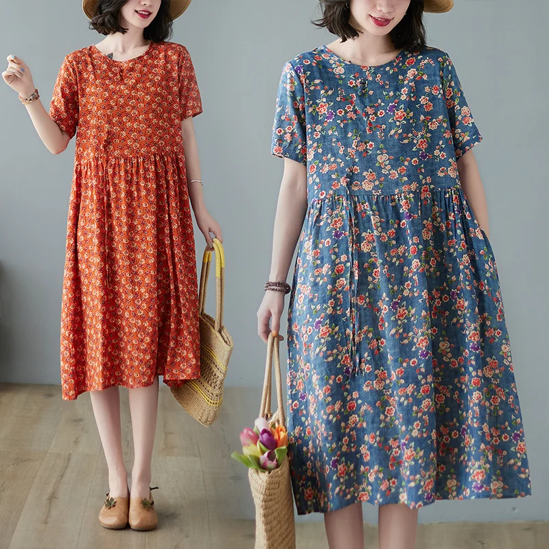 

2021 New Summer Floral Dress Vintage Cotton Linen Dress Short Sleeve O-Neck Casual Loose Midi Dress for Women Robe Femme