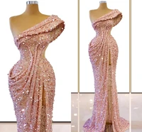 glittering pink sequined side slit mermaid evening dresses 2021 sexy one shoulder ruched sweep train formal prom gowns