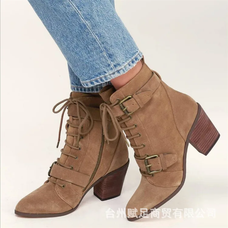 Ботильоны Женские однотонные на шнуровке винтажные короткие сапоги из