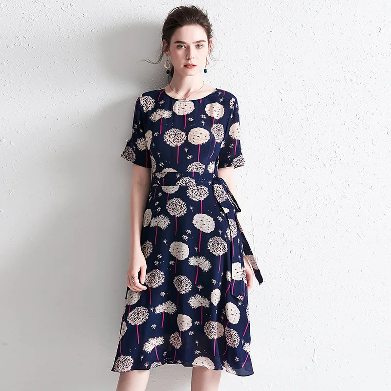 

Europe and America Summer New High End Slim Swing Skirt Leisure Silk Lace Up Zipper Print PRINTED DRESS