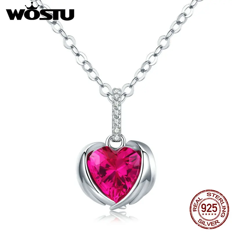WOSTU 100% Настоящее серебро 925 пробы большие красные сердечки хранители CZ Ожерелье
