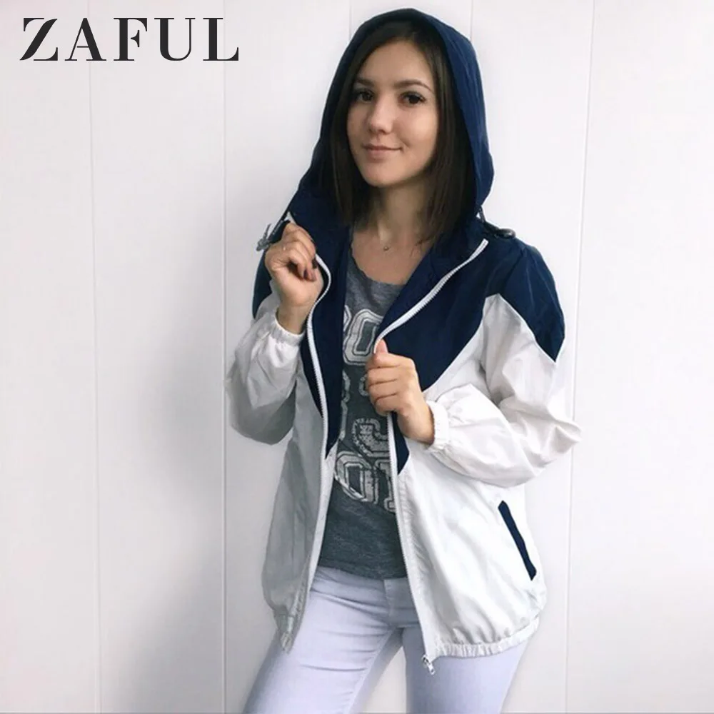 ZAFUL двухцветная ветровка с капюшоном, лоскутные куртки, Женская цветная куртка на молнии, весна, повседневные пальто, верхняя одежда