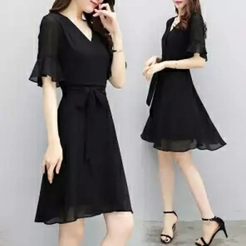

New Women's Summer Medium-length Belly Covered Short Sleeve Pure V-neck Fashion Chiffon Loose Dresses SS689