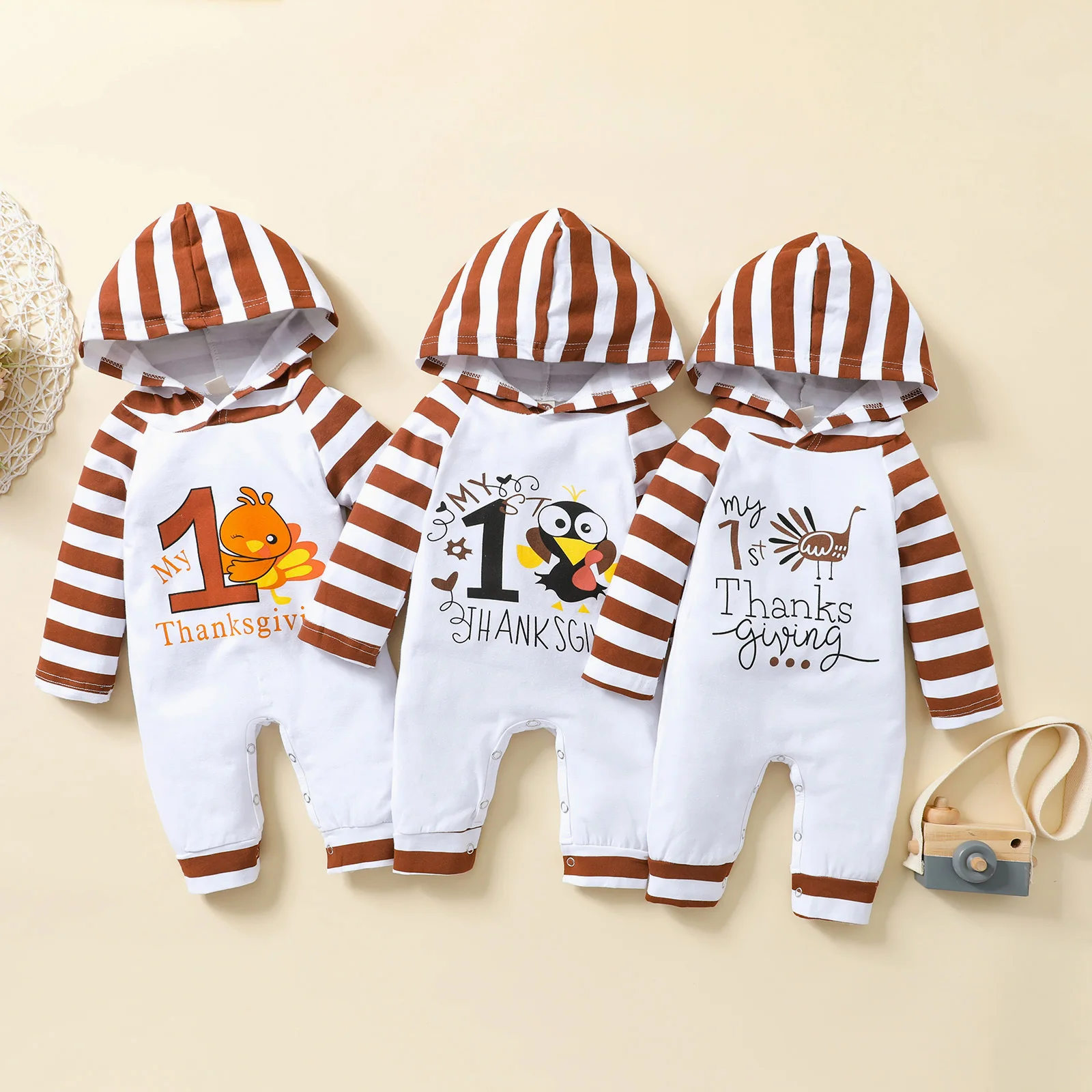 

Baby Toddler Thanksgiving Day Romper Stripe Letters and Turkey Printed Pattern Hooded Jumpsuit