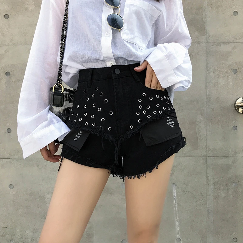 

Loose Letter Pocket Denim Shorts Woman 2021 New Summer Fashion Ladies Hot Short High Waisted Streetwear Blue Jeans Sexy Short