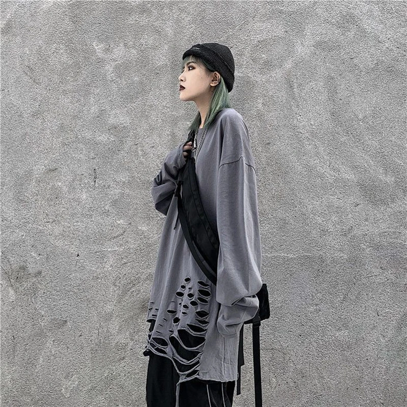 Футболка мужская с длинным рукавом рваная оверсайз в стиле хип-хоп панк 150 кг -