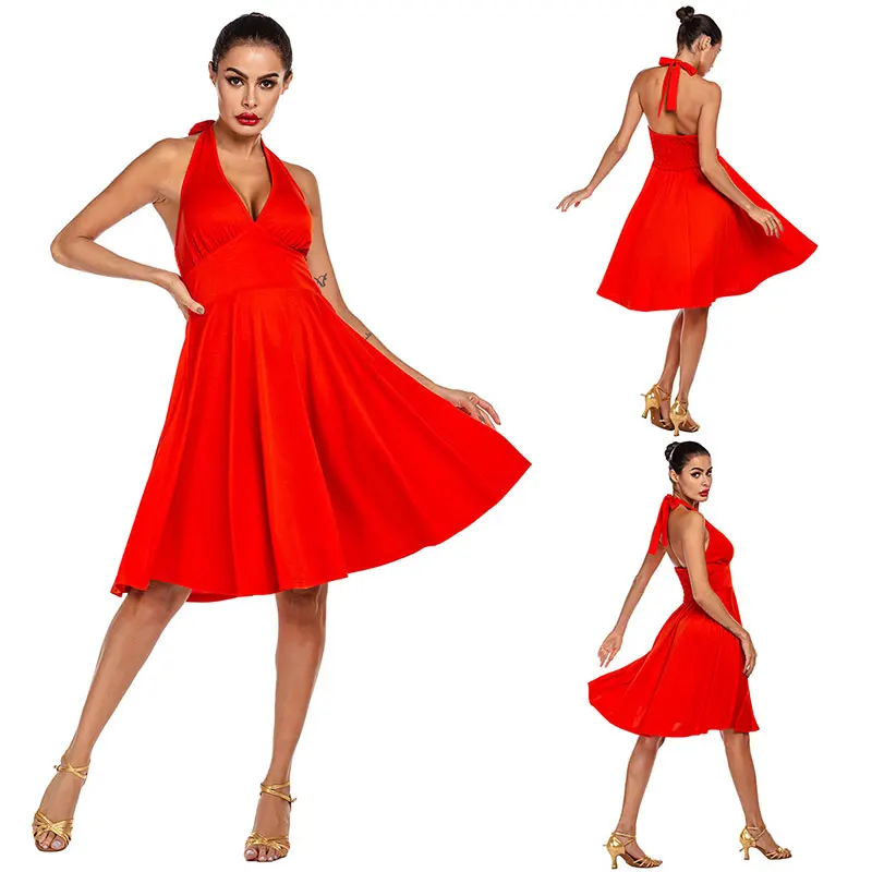 Красное сексуальное платье с низким вырезом на шее для латинских танцев