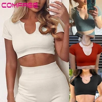 women short sleeve workout tops ribbed cropped sport crop tank tops for yoga running shirts muscle tank gym fitness t shirt