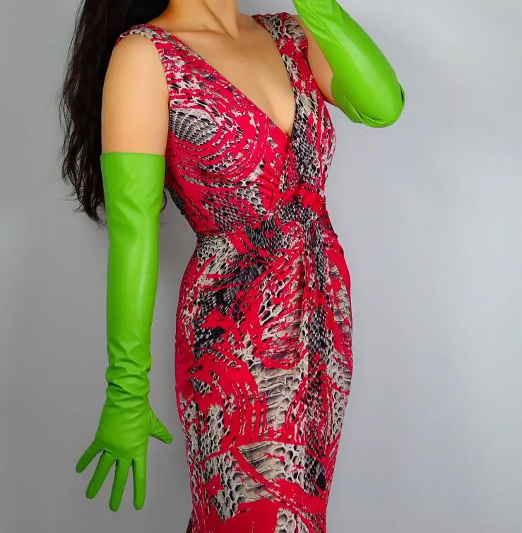 

Women's runway fashion green slim faux pu leather glove lady's club performance formal party leather long glove 70cm R2635