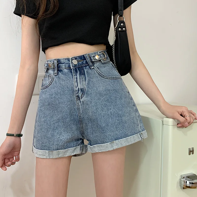 

Summer 2022 New Women's Denim Shorts With High Waisted Wide Leg Loose Crimping Sky Blue Street Style Sequined Jean Shorts Female