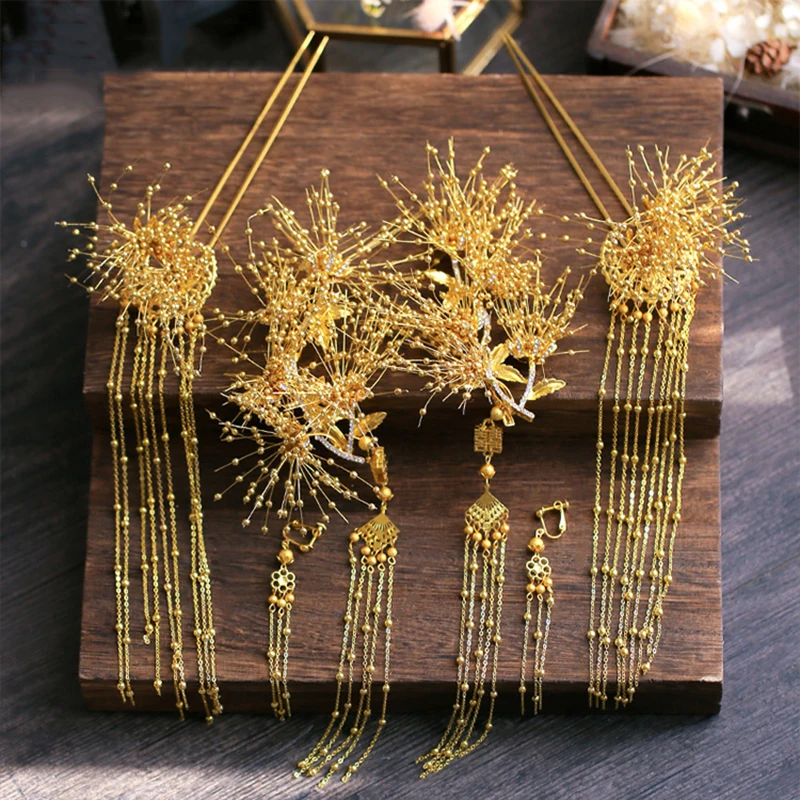 NiuShuya  Traditional Chinese Bridal Headdress Beaded Costume Hairpins Pearls Tassels Women Wedding Jewelry Hair Accessori