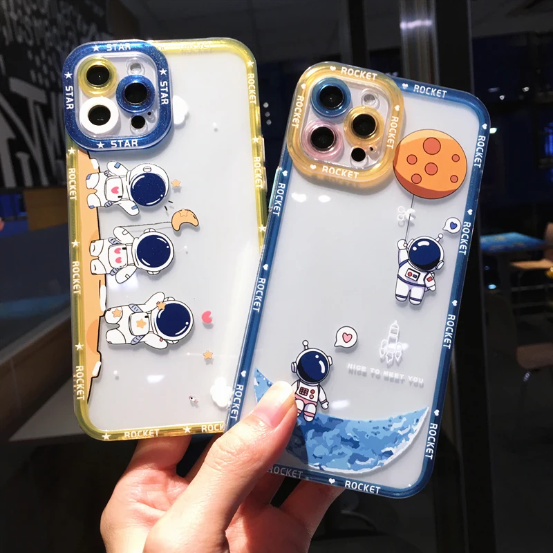Cute Cartoon Astronaut Planet Phone Case For iPhone 14 Pro Max 13 12 11 X XS XR 7 8 Plus SE 3 Transparent Soft Shockproof Cover