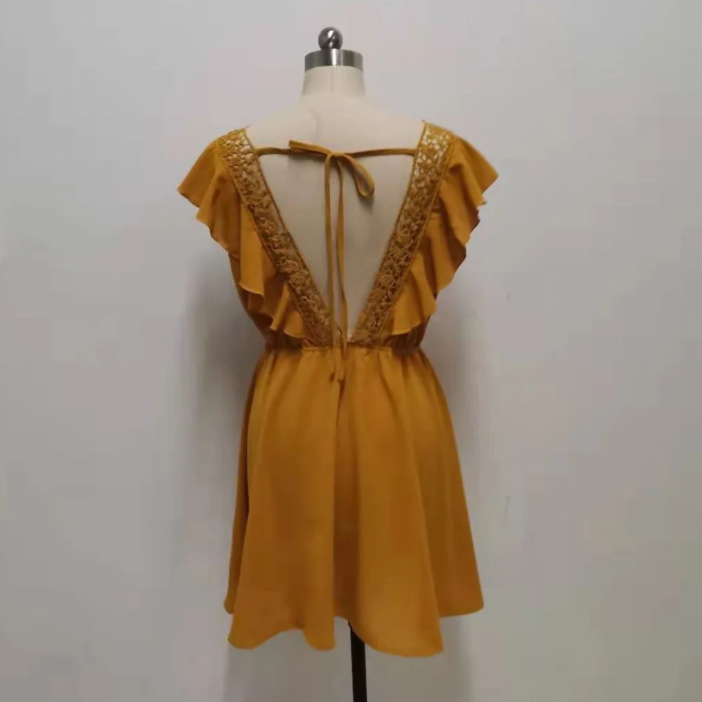 

boho summer short yellow dresses women sexy hollow out backless dress high waist elegant causal holiday highstreet Vestidos
