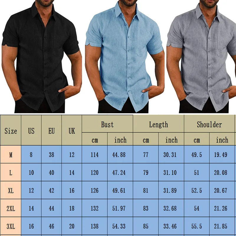 Рубашка Мужская льняная однотонная с короткими рукавами Повседневная Мягкая