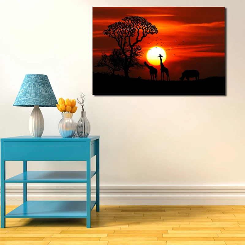 Жирафы закат животное естественное искусство пейзажа холст плакат картина на