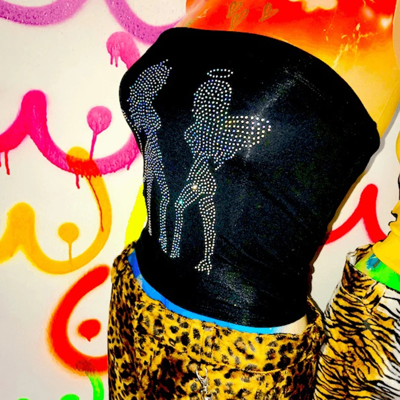 Summer 2020 Angel Devil Rhinestones Crop Tube Top Women Sexy Strapless Skinny Tops Tees Punk Harajuku Girls Street Bandeau | Женская