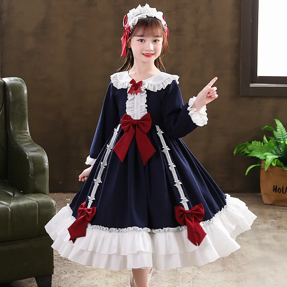 

2021 New Autumn Girls Lolita Dress Soft Bluey Bow Knot Princess Dress for Young Girls Kid's Costume Long Dress 3-14 Years Old