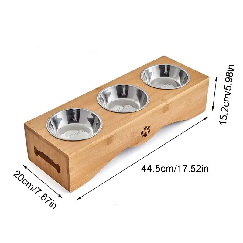 

Stainless Steel Food Water Feeding Bowl for Dogs Cats Bamboo Stent Pet Triple Bowl Natural Wood Pet Tableware Balance