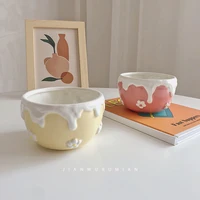 cute embossed cream small flower girl rice bowl hand painted yogurt bowl
