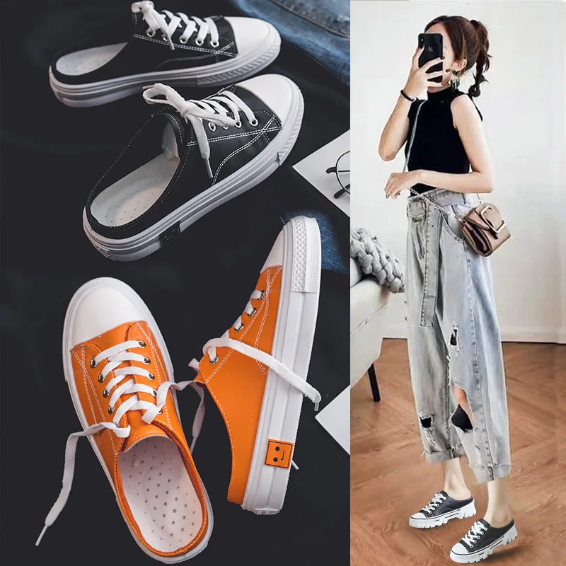 Женские парусиновые туфли белые полубосоножки на плоской подошве без застежки