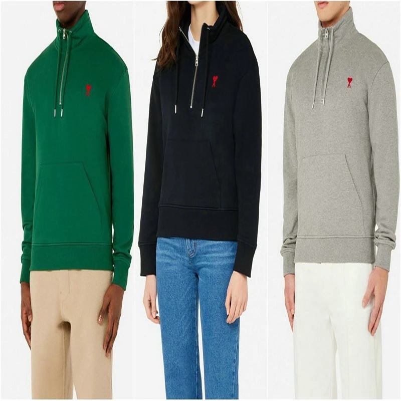 

2021 New AMI Men And Women Hoodie Embroidered Hoodie High Collar Hoodie Half Open Zipper Fall Shoulder Casual Hoodie