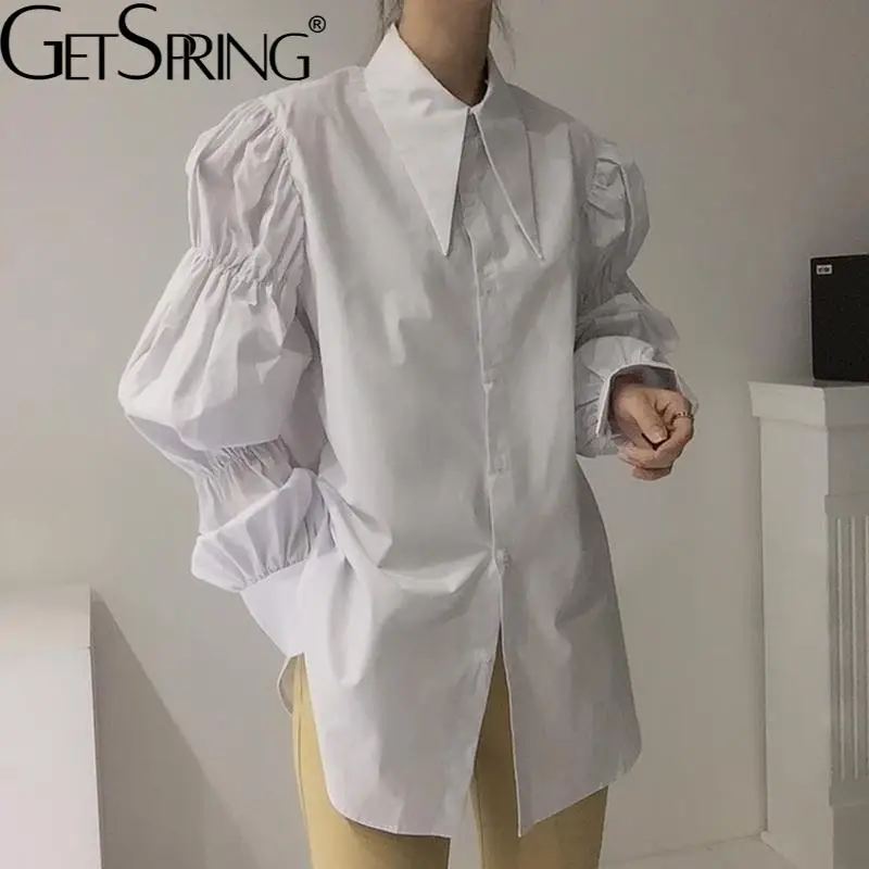 

getspring Women Shirt Long Sleeve Cotton Blouse Tops Lantern Sleeve White Black Vintage Fashion Fake Two Tops 2022 Fshion Top