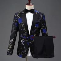 mens stylish embroidery royal blue green red floral pattern suits stage singer wedding groom tuxedo costumejacket pants