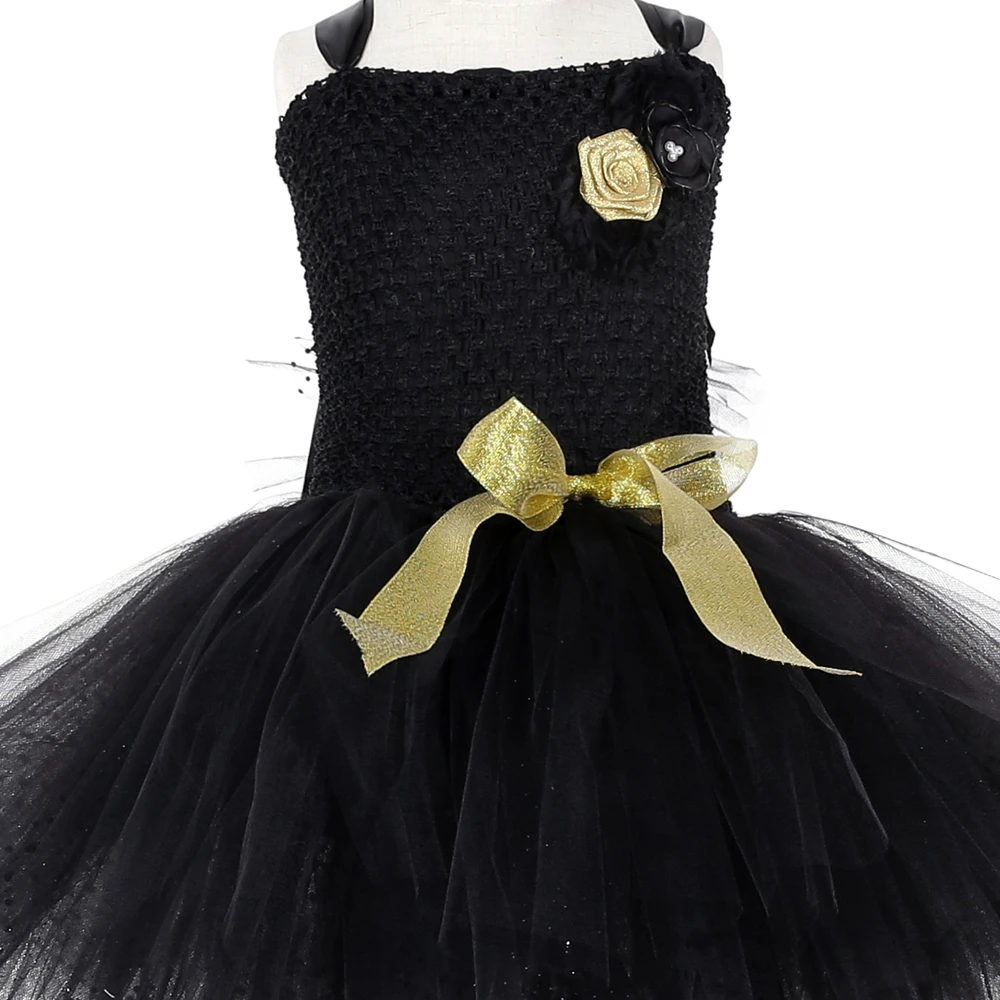 Черное платье-пачка для девочек со шлейфом золотые цветы Тюлевое платье на
