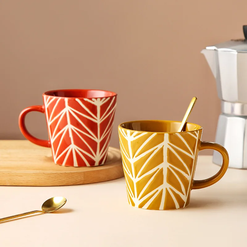 

Hand-Painted Single-Ear Ceramic Mugs Nordic Creative Forest Simple Leaf Milk Coffee Afternoon Tea Creative Couple Ceramic Mugs