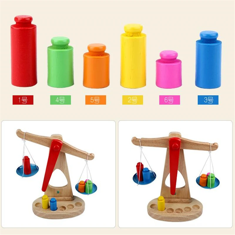 

New Educational Toy Small Wooden Scale Toy With 6 Weights For Kids baby
