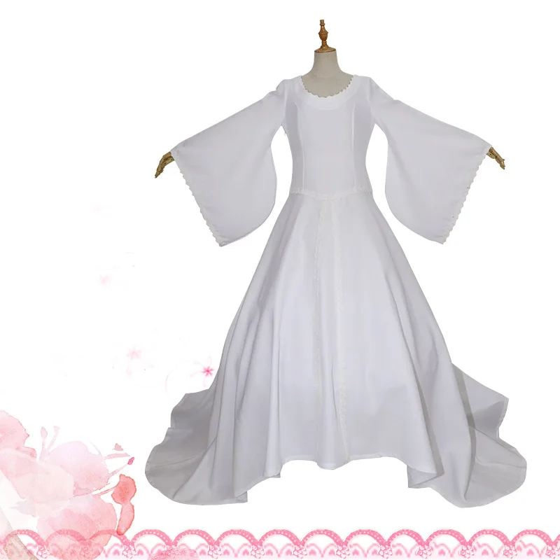 

100% Polyester White Big V-neck Flared Sleeve Long Dresses Cosplay Costume White Snow Princess Queen Wedding Dress