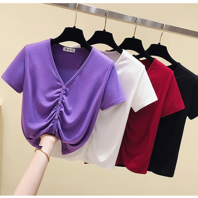 

2022 Women's Summer T-shirt Korean Solid Color V-neck Drawstring Short Sleeve Top New Thin Loose Female Short Shirts DE480