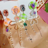 mengjiqiao korean asymmetric metal flower crystal long drop earrings for women girls fashion cloth grid round oorbellen jewelry