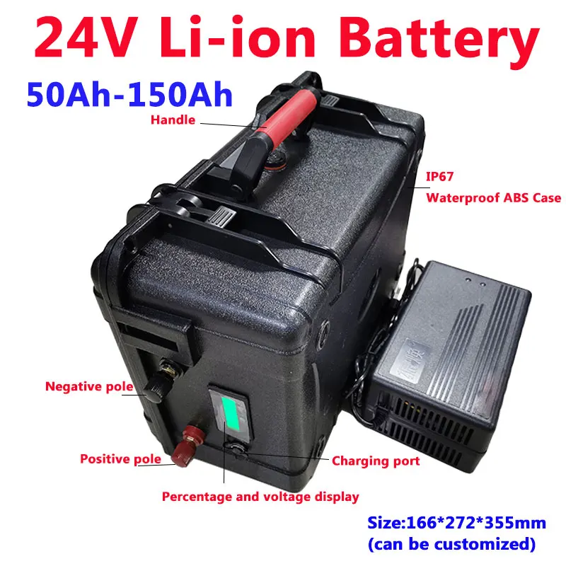 

IP67 waterproof 24V 50Ah 60Ah 80Ah 100Ah 120Ah 150Ah lithium ion battery with BMS for boat thruster solar inverter+10A charger