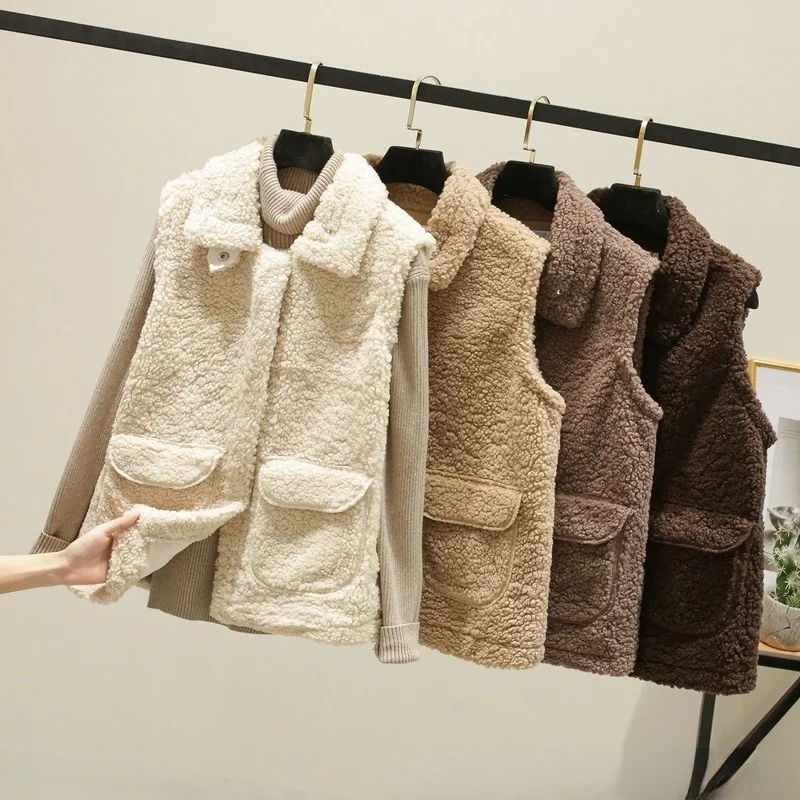 

Женский жилет из овечьей шерсти, новинка, осенне-зимний однотонный меховой жилет, универсальный жилет, куртка, женская одежда без рукавов