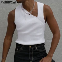 incerun mens solid comeforable sleeveless vests irregular tank tops 2022 knitted pit strip bevel collar sleeveless vests s 5xl