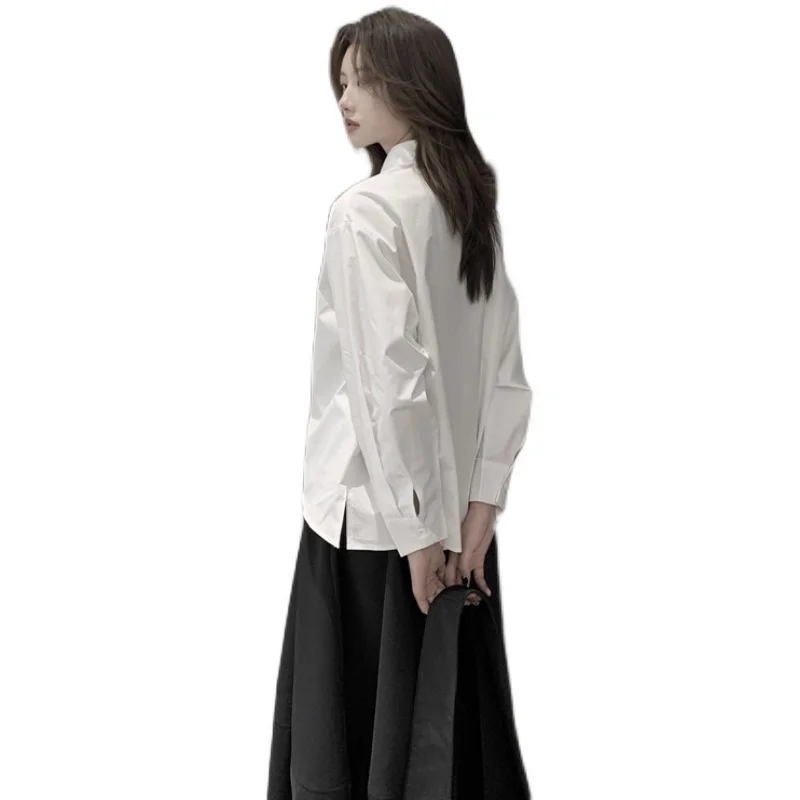 

SuperAen 2021 New Solid Full Cotton Asymmetric Design Spring Turn-down Collar White Women Shirts