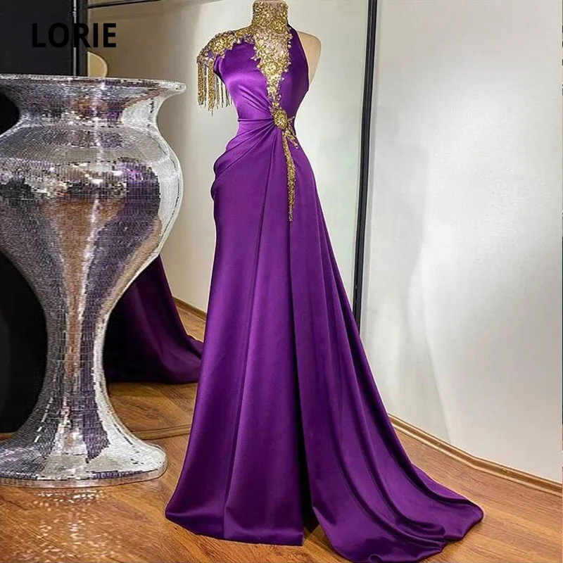 LORIE Vestidos de Noche morados con foto Real, Vestido largo de fiesta Formal de sirena, con cuello alto y cuentas de cristal de un hombro, 2021 (0)