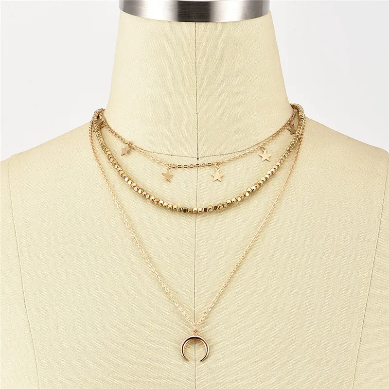 Женское многослойное кольцо со звездами золотистый чокер с цепочкой массивное