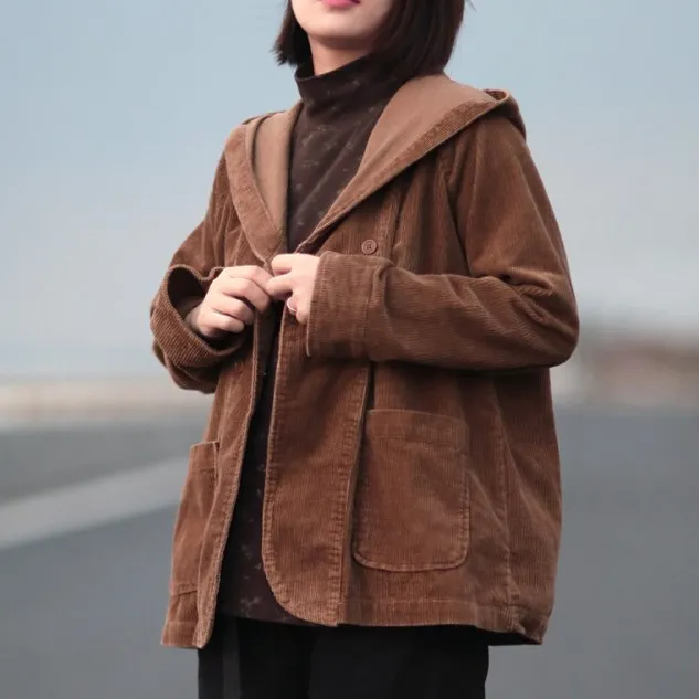 Spring Autumn Womens Loose Hooded Jacket Women Corduroy Jackets Short Coats Female Vintage Outerwear Women Cropped Jacket