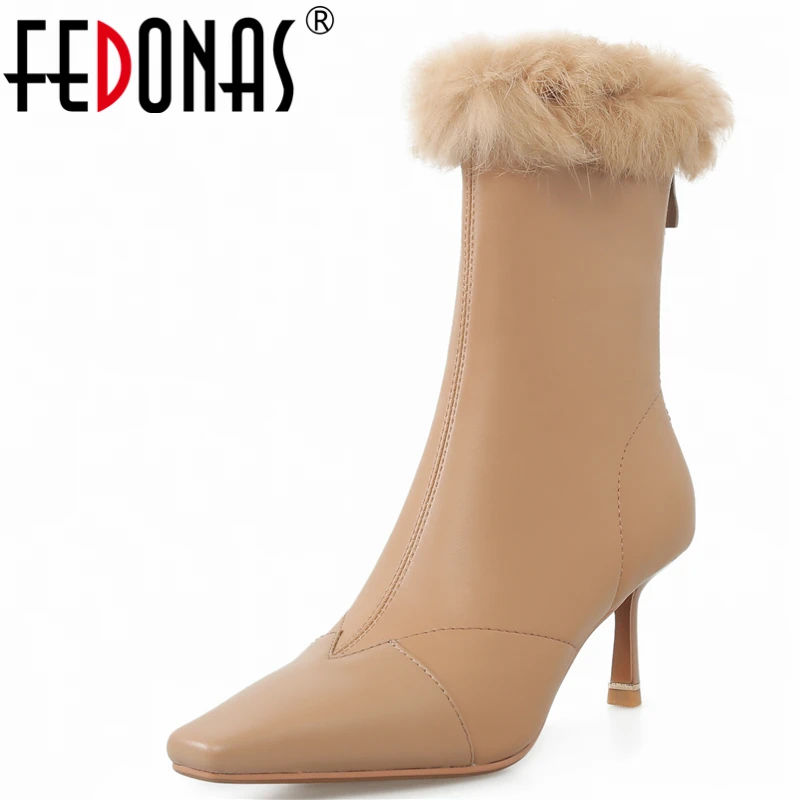 

FEDONAS Female Mature Elegant Women Ankle Boots Rabbit Hair Genuine Leather Office Party High Heels Shoes Woman Autumn Winter