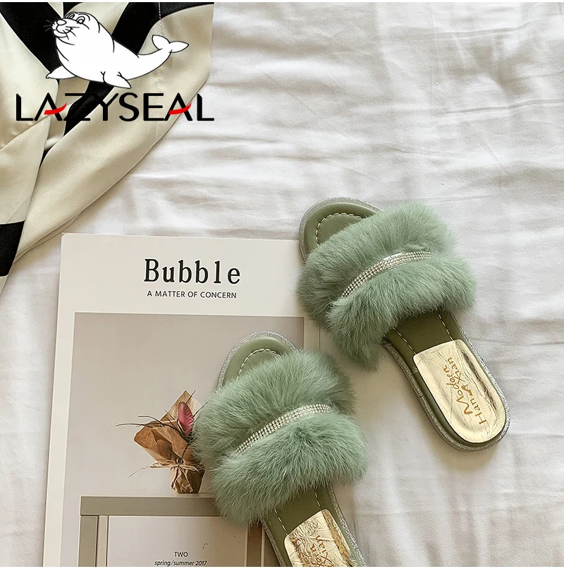 LazySeal/шикарная обувь; женские тапочки на натуральном меху; теплые пушистые тапочки на плоской подошве; женские сандалии со стразами; женские шлепанцы; вьетнамки