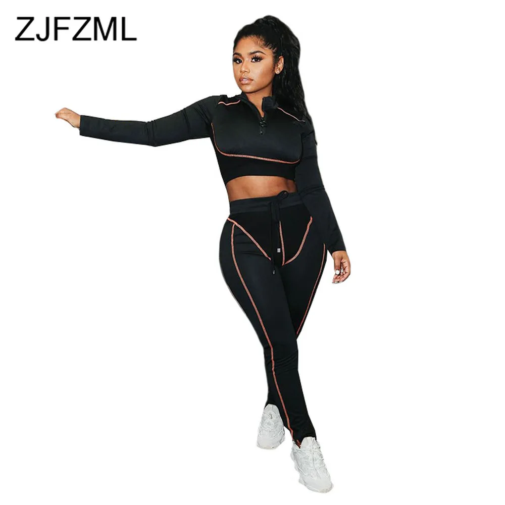 

Женский спортивный костюм для фитнеса, лоскутный комплект из двух предметов, топ на молнии с длинным рукавом и леггинсы, спортивная одежда д...