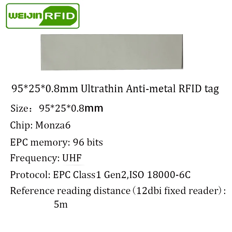 UHF RFID ультратонкая антиметаллическая бирка 915 МГц 868 м Impinj R6 EPCC1G2 fixed основные средства 95*25*0,8 мм ПЭТ Пассивная RFID PET этикетка
