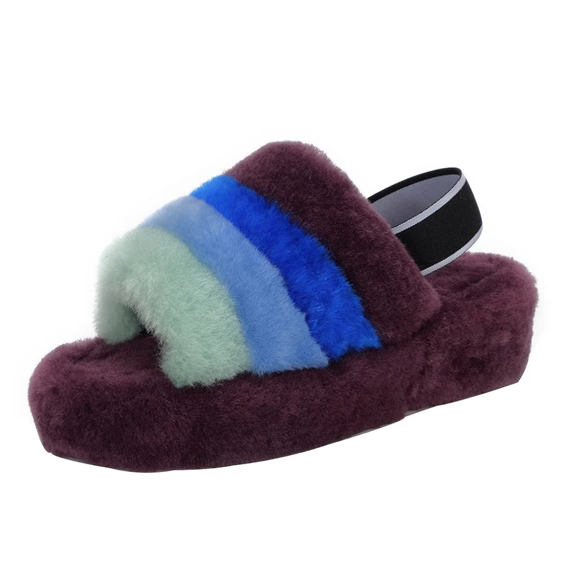 

2021 New Design Real Wool Fur Slide Women's Indoor Home Bedroom Sheepskin Fluffy Slippers Fashion Warm Sandals Shoes Girl Winter
