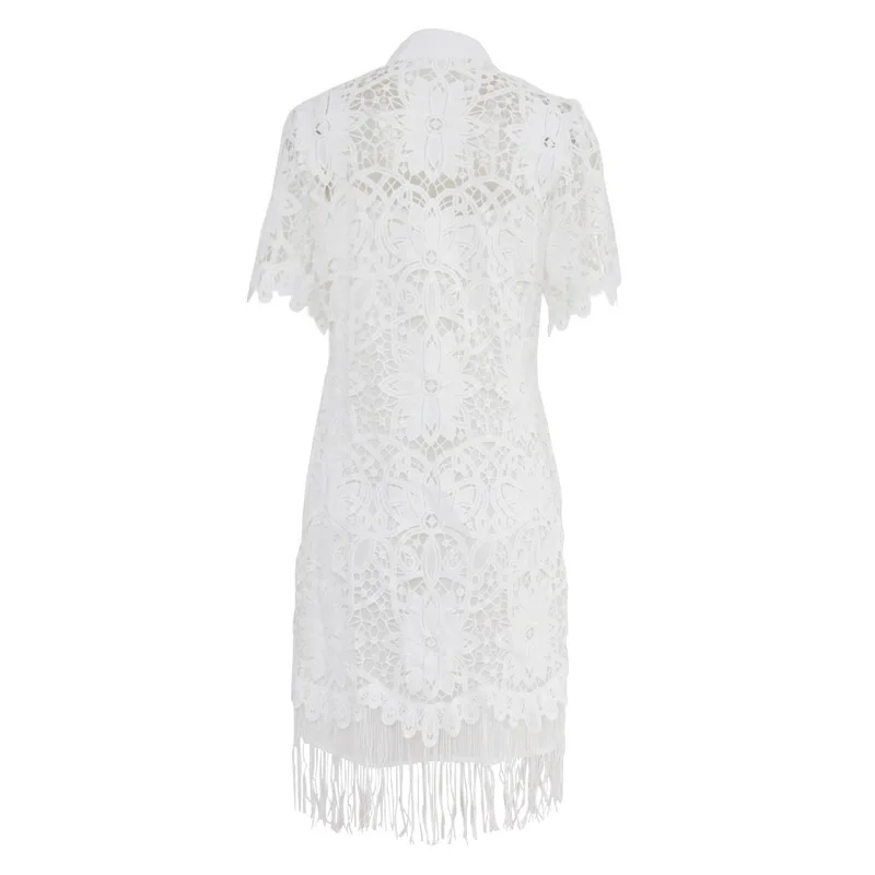 

autumn brand New fashion and winter show white heavy industry embroidery hollow lace dress shell fringe female